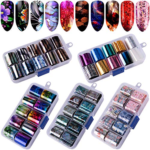 Duufin 50 Colors Nail Foil Transfer Sticker Starry Sky Foil Nail Art Stickers Nail Foil Wraps Nail Adhesive Foil Transfer Glitters Acrylic DIY Decoration Kit