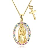 HBLICY Virgin Mary/Serenity Prayer Necklace Sterling Silver 18K Yellow Gold Plated Cross Pendant Necklace Christian Jewelry Gifts for Women
