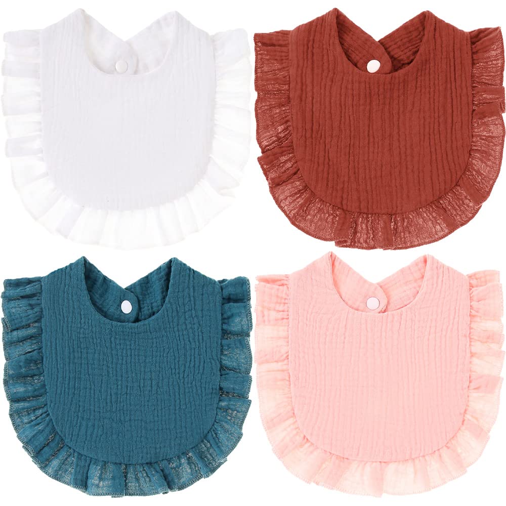 SZJIAHTM 4 Pack Of Newborn Toddler Soft Cotton Teething Bib Feeding Bib Ruffle Edge Adjustable Snap Dribble Infant Bibs For boys Girls