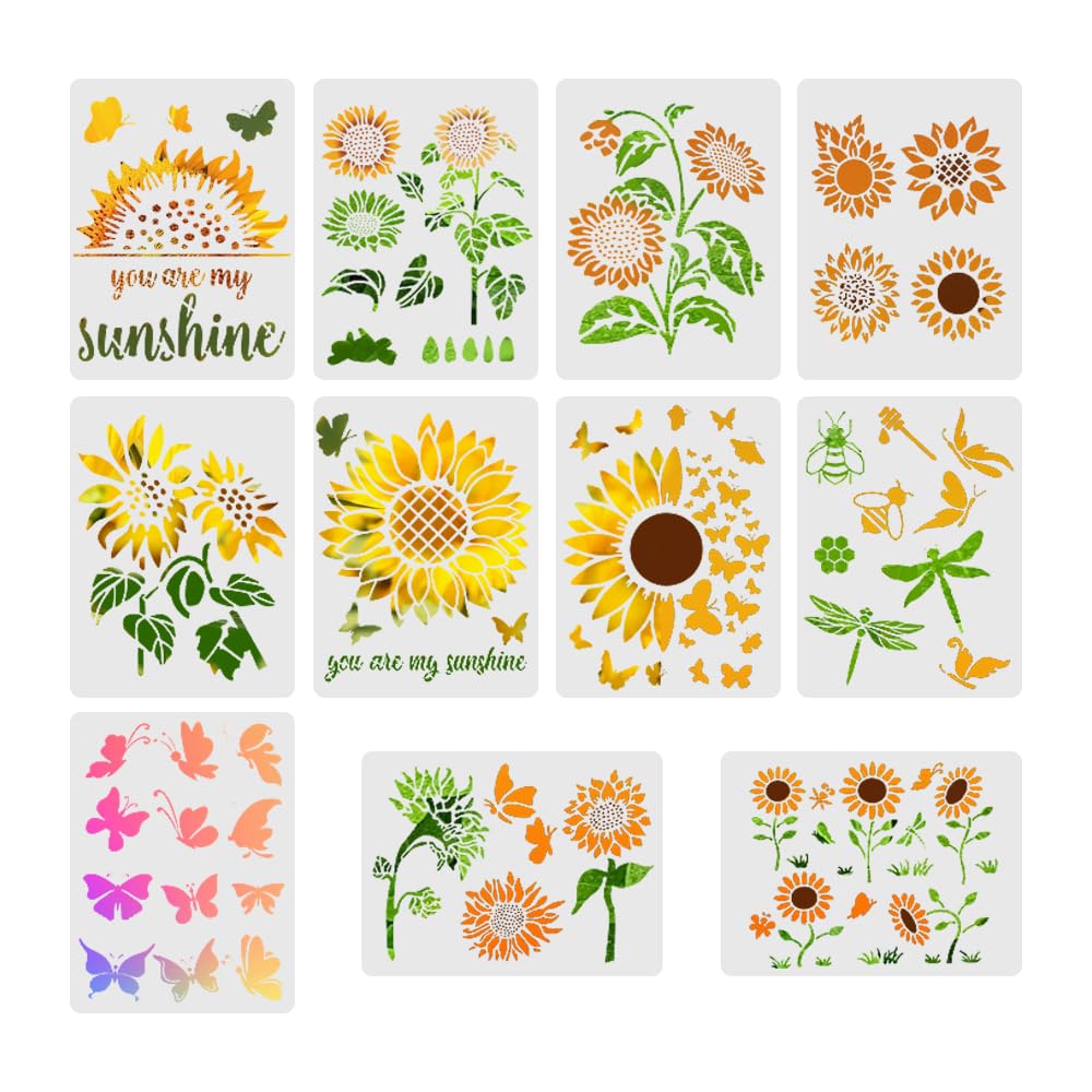 HLIWS Sunflowers Stencil Template-11 Pcs Flower Stencils Template,Butterfly Drawing Template for Painting on Wood,Canvas,Wall,Scrapbooking(21x28cm)