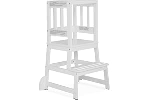 Dream On Me 2-in-1 Funtastic Tower and Step Stool, Toddler Step Tower for Learning & Play, Safety Rails, Anti-Skid Pads, Non-Slip Strips & Stabilizer Fins for Safe Counter Activities - White