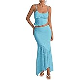 GORGLITTER Women's 2 Piece Skirt Sets Lace Crop Top and Asymmetrical Bodycon Long Maxi Skirt Trendy Summer Outfits 2025 Mint Blue Large