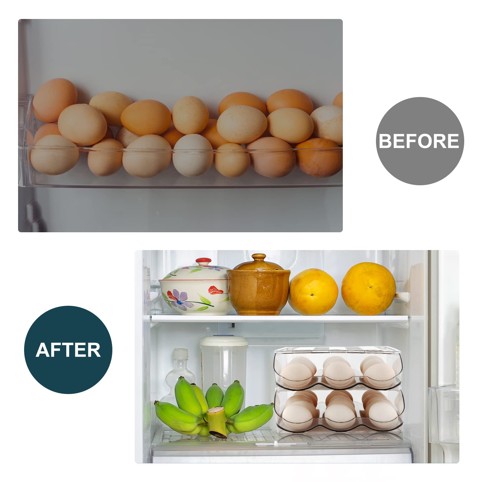 MesRosa Egg Holder for Fridge, Automatically Rolling Egg Storage Container for Refrigerator,Large Capacity Egg Organizer for Fridge with Lid,Clear Plastic Dispenser, Tray & Bin -2 Layer