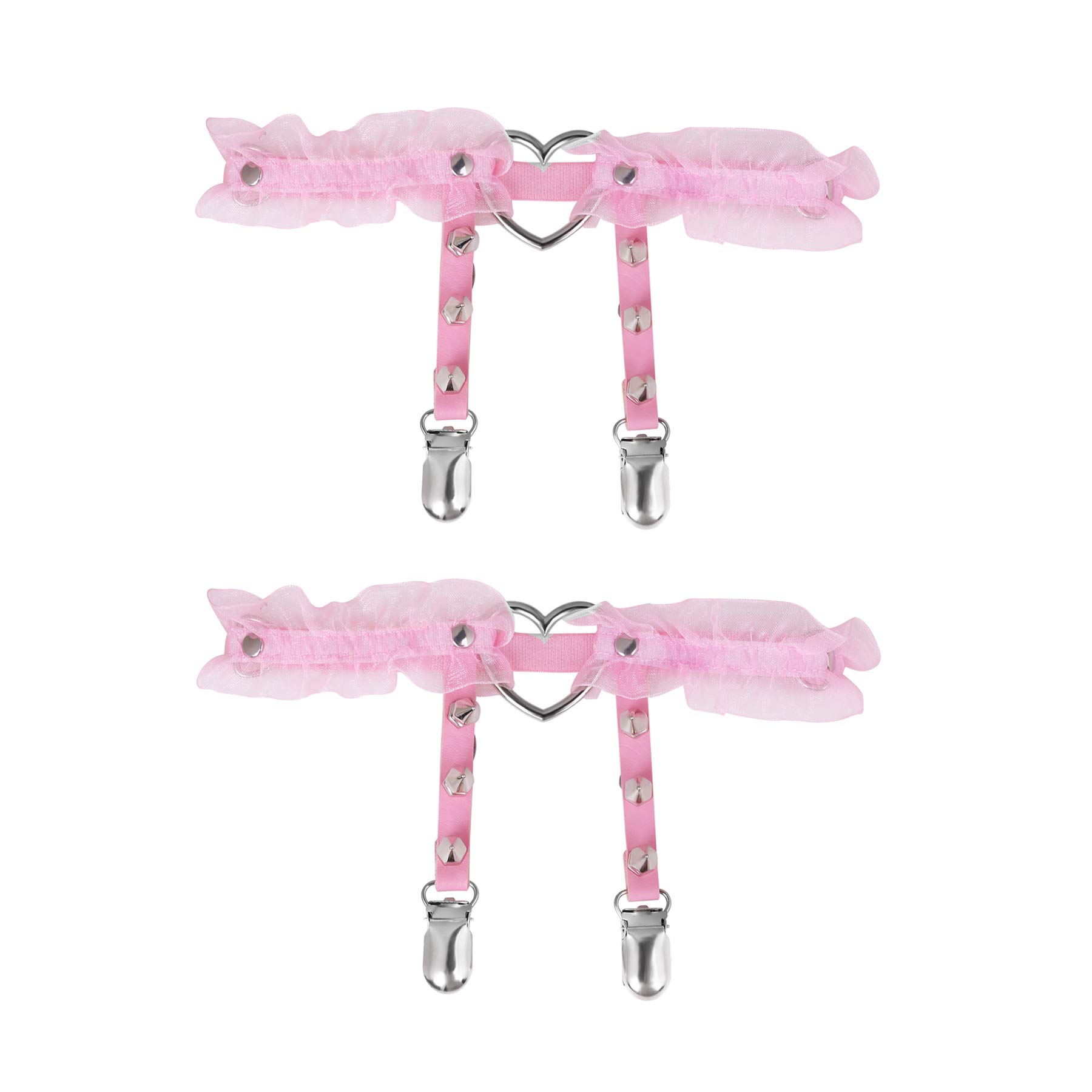 alisikee 2PCs Adjustable Lace Heart Thigh Garter with Anti-Slip Clasps, Elastic Leg Garter Belt for Women, Black/Pink