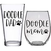 Sip & Celebrate Doodle Mom & Dad Glass Set - Premium 21oz Stemless Wine Glass - 16oz Pint Glass - Gift for Doodle Lovers