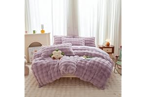 chovy Kids Girls Rabbit Plush Purple Bread Grid Comforter Cover Duvet Cover Full - 3PC Faux Fur Bed Set Soft Warm Velvet Flannel Fluffy Fuzzy Bedding（Comforter x 1 Pillowcases x 2）