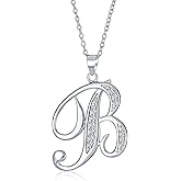 Bling Jewelry ABC Cubic Zirconia Pave CZ Cursive Script Letter Alphabet Initial Pendant Necklace For Teen Women .925 Sterling Silver