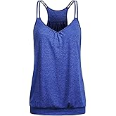 Wobity V Neck Tops for Women Racerback Loose fit Tank Tops Double Spaghetti Strap Athletic Yoga Camisole with Baned Bottom
