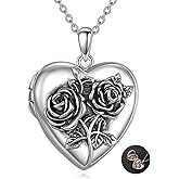 Grmdit Rose Locket Necklace 925 Sterling Silver Picture Lockets Pendant Keepsake Memorial Flower Jewelry Gifts for Women