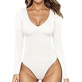 MANGOPOP Women's Long Sleeve Short Sleeve Bodysuit Sexy V Neck Body Suits Fitted Fall Going Out Tops