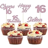 30 PCS Happy 16th Birthday Cupcake Toppers Pink Glitter Sixteen Happy Sweet 16 Cheers to 16 Years Old for Hello 16th Anniversary Party Cake Decorations Supplies