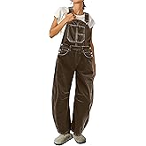 Flamingals Barrel Leg Stitch Detail Button Side Denim Overalls for Women Casual Jumpsuits with Pockets
