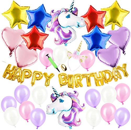 Unicorn Party Supplies Gifts Headband - Happy Birthday Theme Favors Balloons Horn Decorations Kit for American Teen Baby Girls Women Rainbow Unicorn Bags Boxes Banner Set for Toddler Kids 46 pack