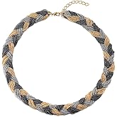 COOLSTEELANDBEYOND Unique Silver Grey Black 18K Gold-Plated Statement Necklace Multi-Layer Braided Chains Bib Choker Collar, Party