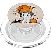Cute Ghost Drinking Coffee Lover Halloween Pumpkin Autumn PopSockets PopGrip for MagSafe