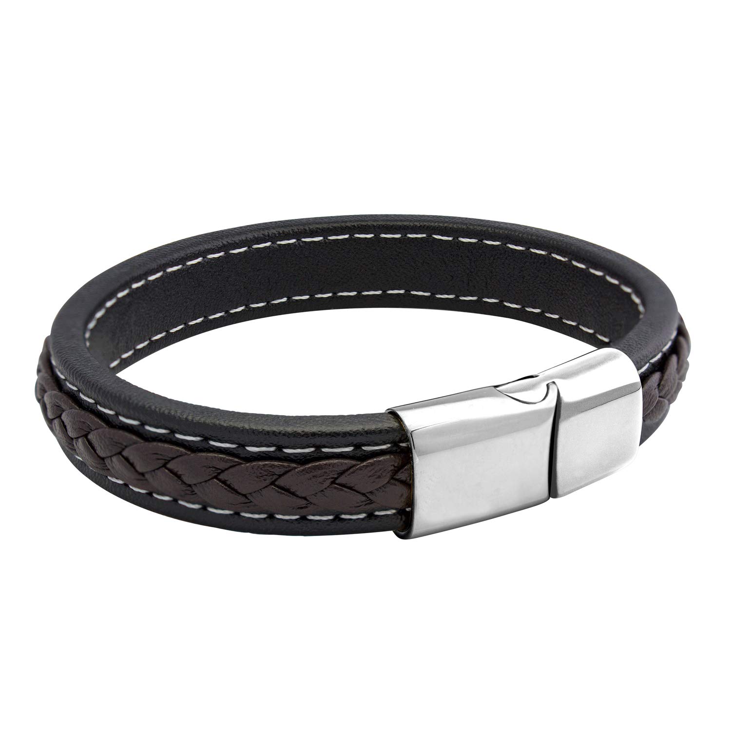 555Jewelry Mens Bracelets Leather and Steel, Magnetic Clasp Braided & Stitched Black Leather Bracelets for Men, Mens Leather Bracelet, Men Bracelets, Silver, 8.25 Inch