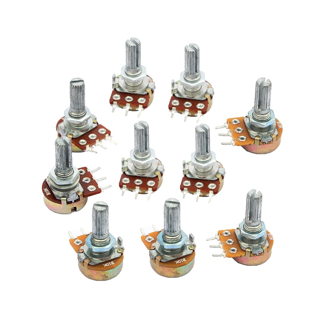 B10K Linear Potentiometer (10K Ohm) - 10Pcs | Knurled Shaft | 6mm Diameter | 15mm Length | For Audio, Guitar, Amplifier, DIY Electronics