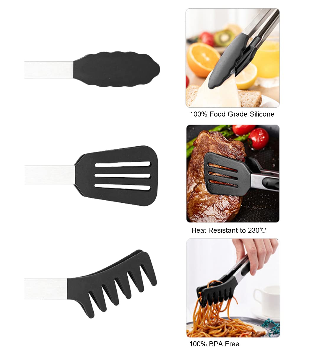3in1 Silicone Kitchen Cooking Tongs Set, Stainless Steel Nonstick Food Tong with BPA Free Silicone Tips for Serving Spaghetti Steak Pizza Salad Vegetable Fruit Grilling BBQ Baking Buffet- (9
