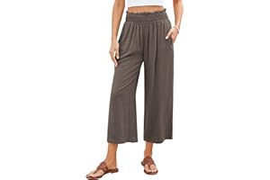 GRAPENT Capri Pants for Women High Waisted Wide Leg Linen Palazzo Trousers Pull On Elastic Smock Waist Loose Flowy Pants