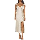 Summer Satin Lace Backless Spaghetti Strap Maxi Dress for Wedding Guest Silk Sleeveless V Neck Slit Ruffled Dress for Women