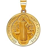 JewelryWeb 22mm 14k Solid Yellow Gold Polished and Satin St. Benedict Reversible Hollow Medal Pendant Necklace Pendant for Women