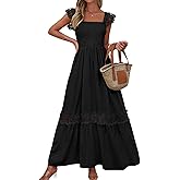 PRETTYGARDEN Women's Smocked Summer Maxi Dresses 2026 Ruffle Cap Sleeve Square Neck Lace Detail Flowy Sundress with Pockets
