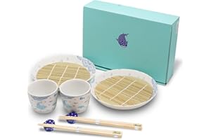 COTONOHA Japanese Soba Noodle Serving Set for 2 – Mino Ware Ceramic Plates, Cups, Bamboo Strainers, Chopsticks & Whale Shark Chopstick Rests – Authentic Zaru Soba Dishware Gift Set