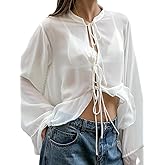 Womens Tie Front Shirts Sexy Summer Tops Dressy Casual Ruffle Long Sleeve See Through Tops Work Outfits