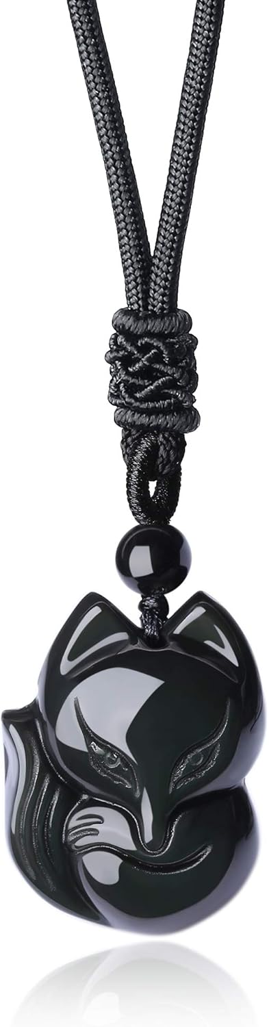 COAI Men’s Women’s Fox Pendant Black Obsidian Stone Necklace, Golden, 66 cm