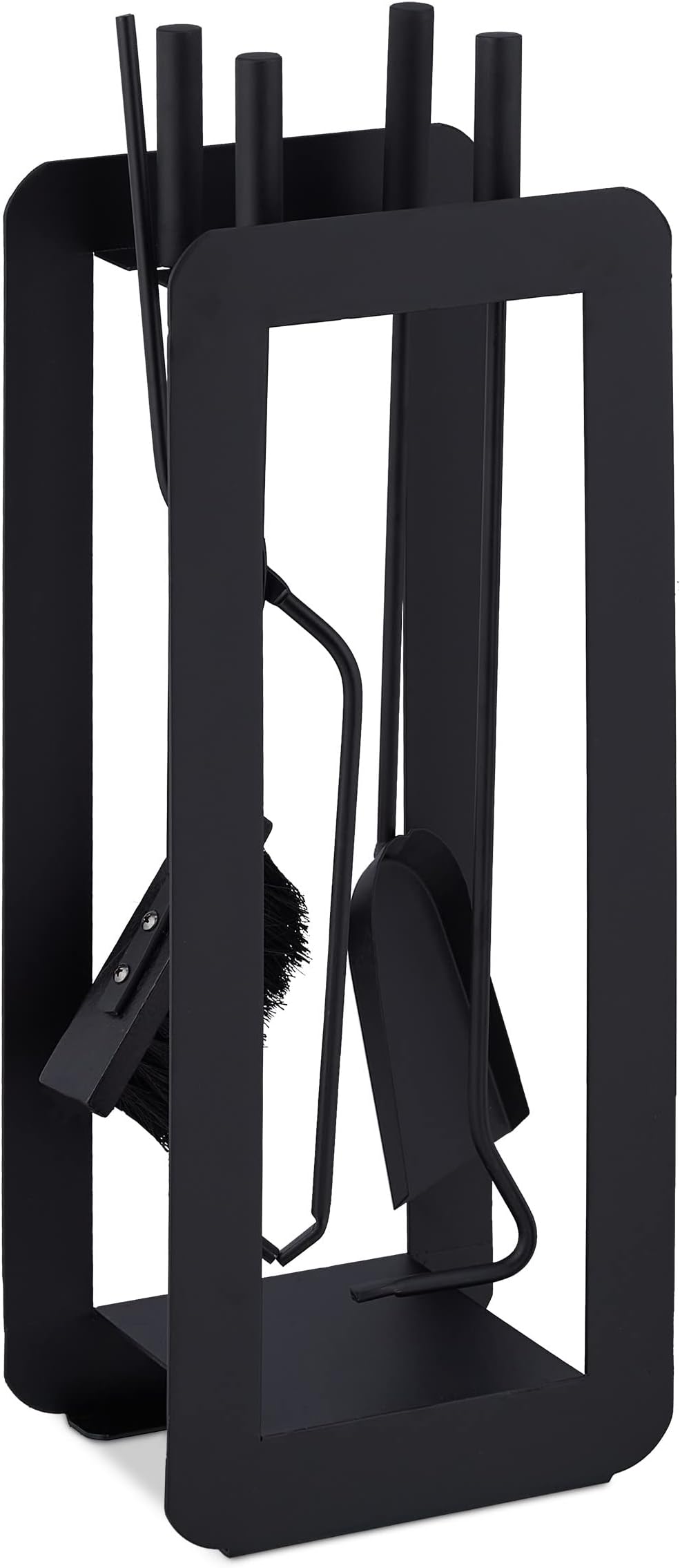 Relaxdays 5-Piece Fireplace Tool Set Steel Black Modern Stand Tongs Shovel Broom