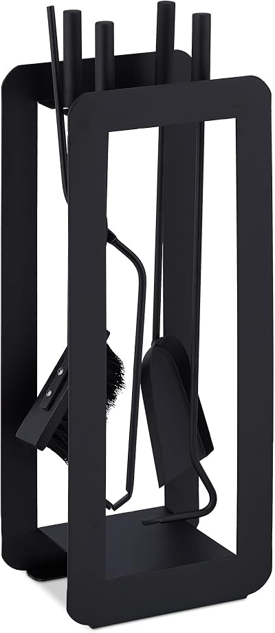 Relaxdays 5-Piece Fireplace Tool Set Steel Black Modern Stand Tongs Shovel Broom