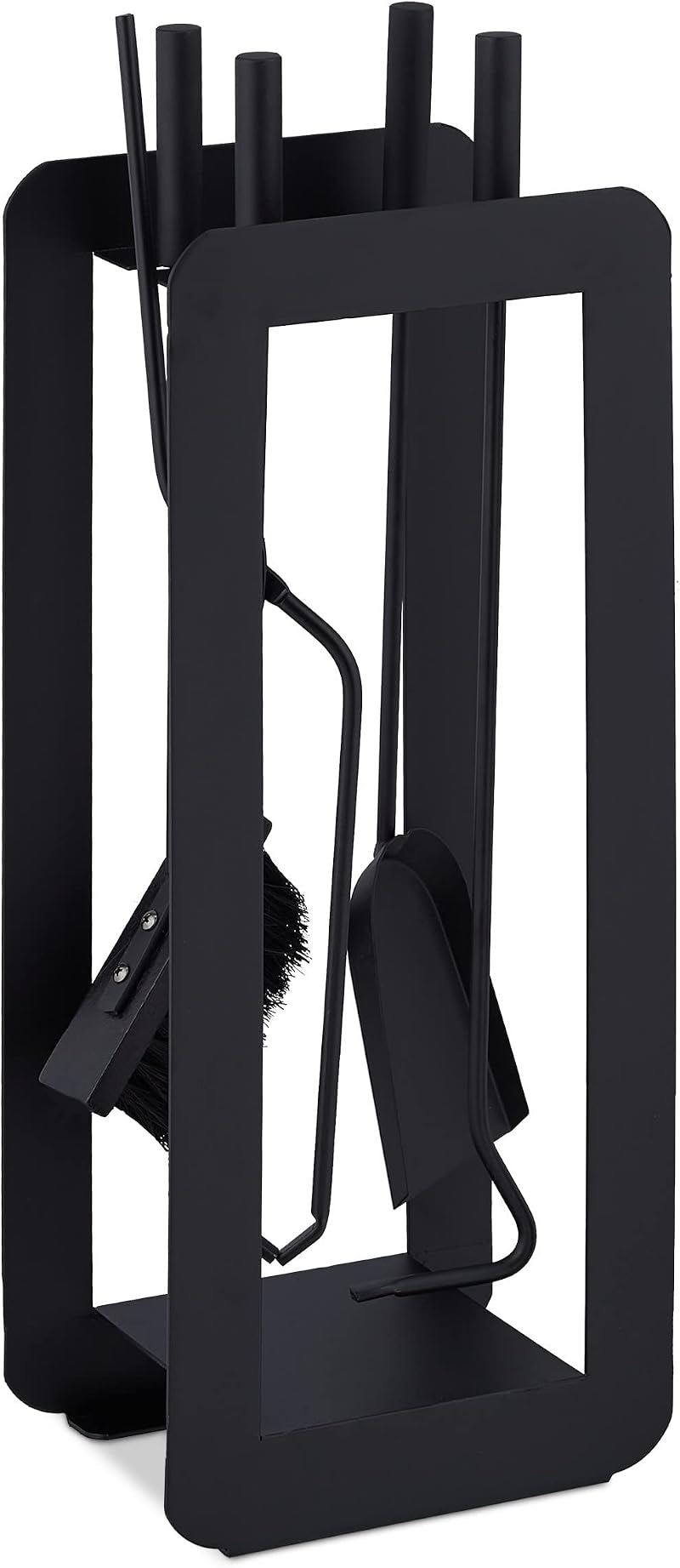 Relaxdays 5-Piece Fireplace Tool Set Steel Black Modern Stand Tongs Shovel Broom