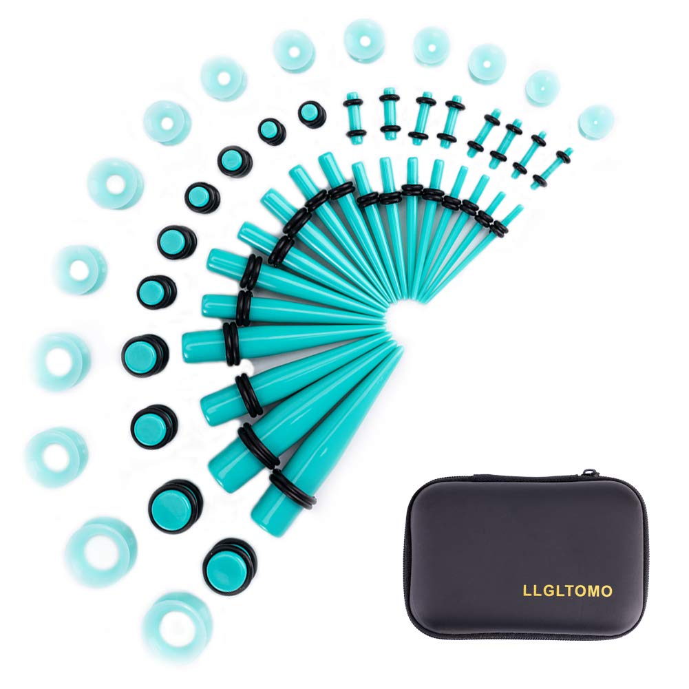 LLGLEU Ear Stretching Kit 50 Pieces 14G-00G Ear Gauges Expander Set Acrylic Tapers and Plugs & Silicone Tunnels Body Piercing Jewelry Set with EVA Box (Turquoise)
