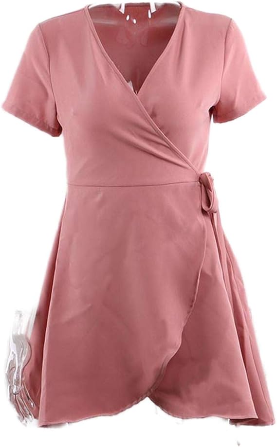 Amazon.com: HaHapo V Neck Pink Mini Wrap Dress Short Sleeve Mini Women Lace Up Short Shirt-Pink 