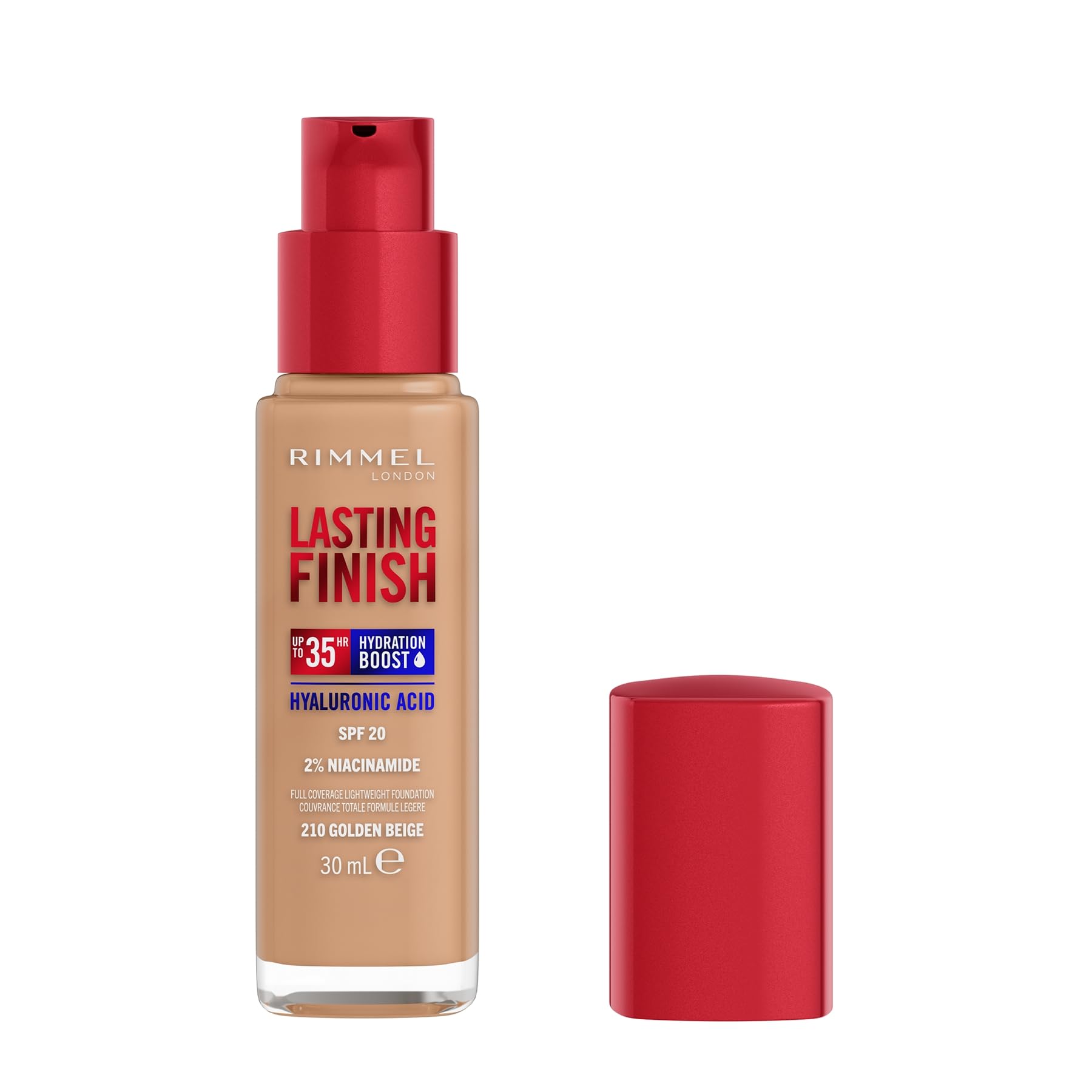 Rimmel Lasting Finish 35Hr Foundation 210 Golden Beige, Full Coverage, Hydrating, SPF20, Hyaluronic Acid, Vitamin E, 2% Niacinamide, All Day Wear, Vegan, Cruelty Free