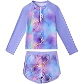 Valcatch Girls Rash Guard Swimsuit Set 2 Piece Long Sleeve UPF 50+ Quick Dry Bathing Suit with Ruffle Shorts for Kids
