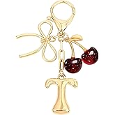Snycler Bubble Initial Keychain with Bow & Cherry - Gold Letter Bag Charms for Women, Cute Purse Handbag Accessories