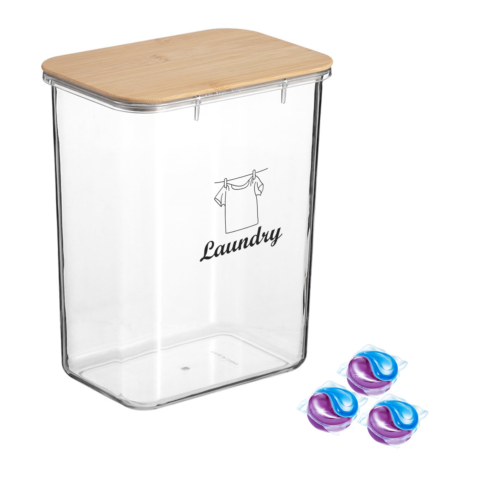 Xbopetda Laundry Pods Storage Container, Laundry Storage Containers with Wooden Lid, washing powder storage for Laundry Room Organisation and Storage, Clear Storage Bins for Laundry Beads Pods Powder