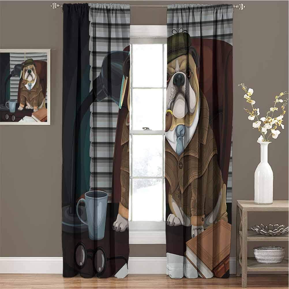 Toopeek English Bulldog Blackout Curtain Traditional English Detective Dog with a Pipe and Hat Sherlock Holmes Image 2 Panels W84 x L84 Inch Multicolor