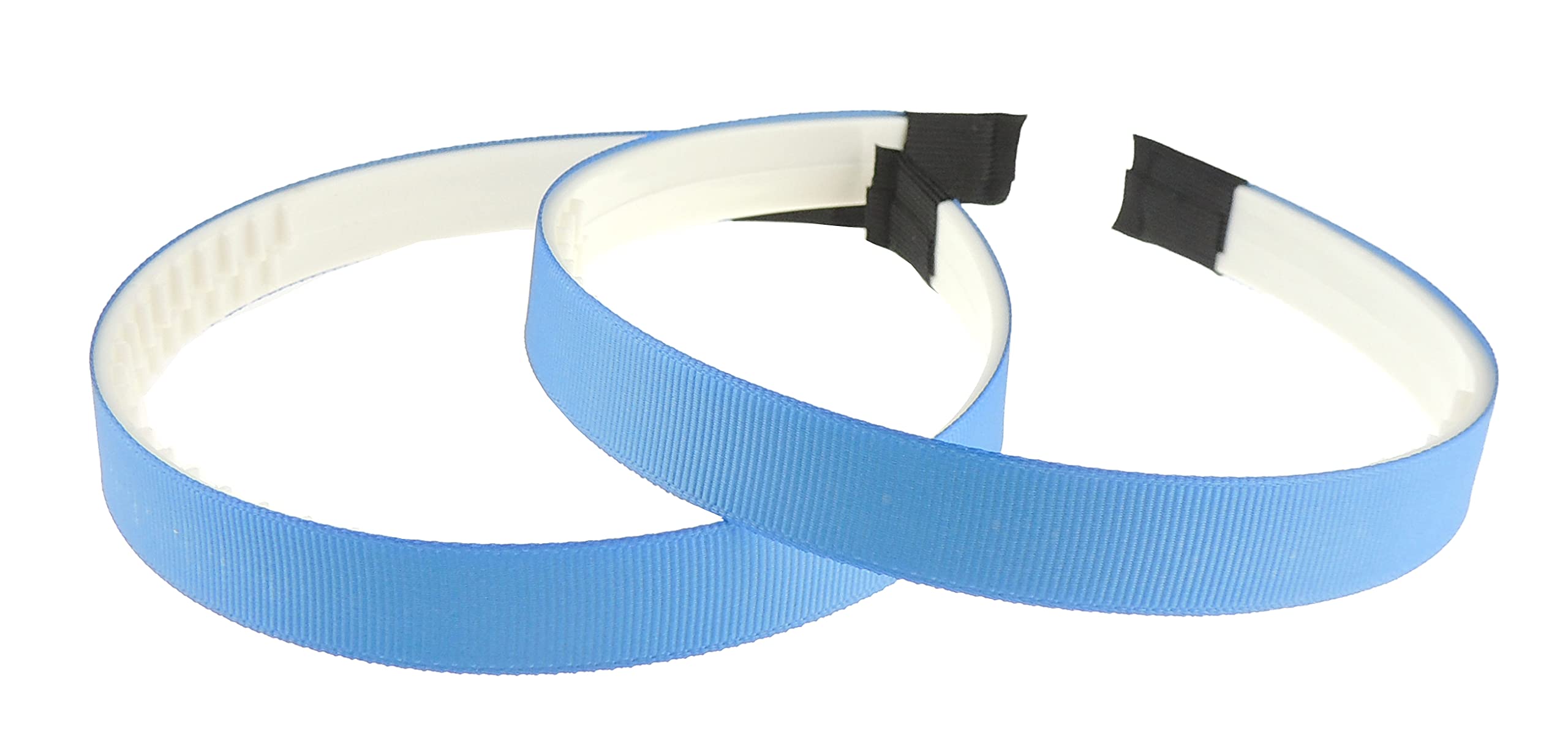 Ladies Girls Set of 2 Ribbed Satin Ribbon 15mm White Toothed Covered Headband Alice Band (Blue White)
