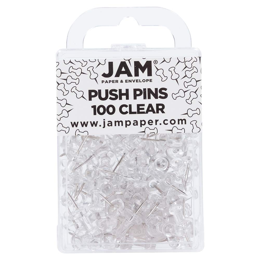JAM PAPER Colourful Push Pins - Clear Pushpins - 100/Pack