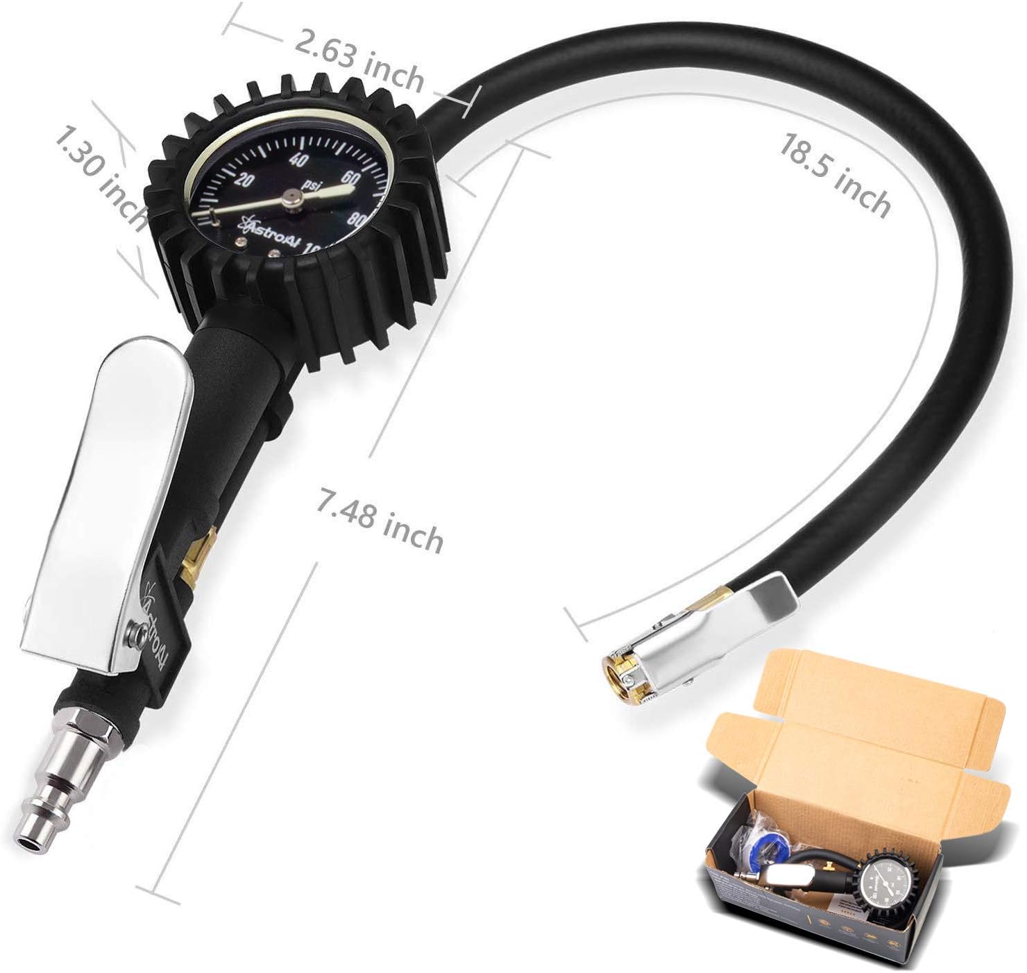 AstroAI Upgraded 100 PSI Tire Inflator with Pressure Gauge, Heavy Duty with Large 2" Easy Read Glow Dial, Air Chuck, Quick Connect Coupler and Rubber Hose Compressor Accessories: Automotive