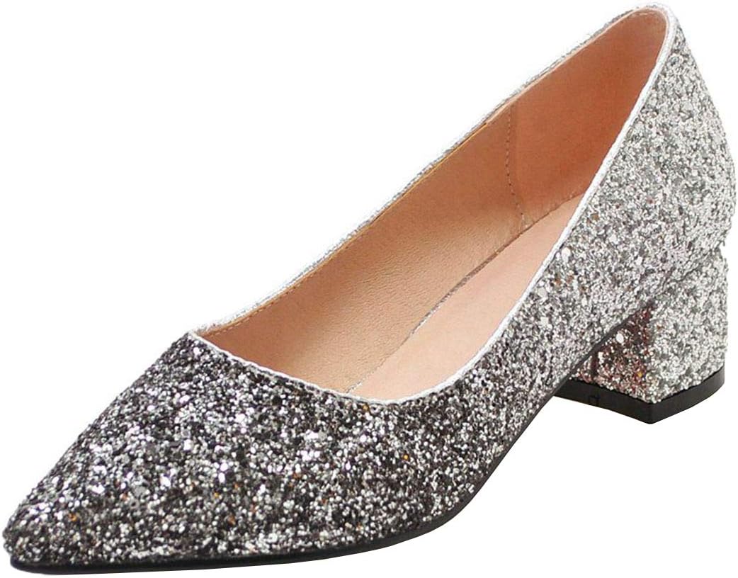 Womens Glitter Pointed Toe Chunky Heel Pumps Wedding Bridal Gradient Shoes