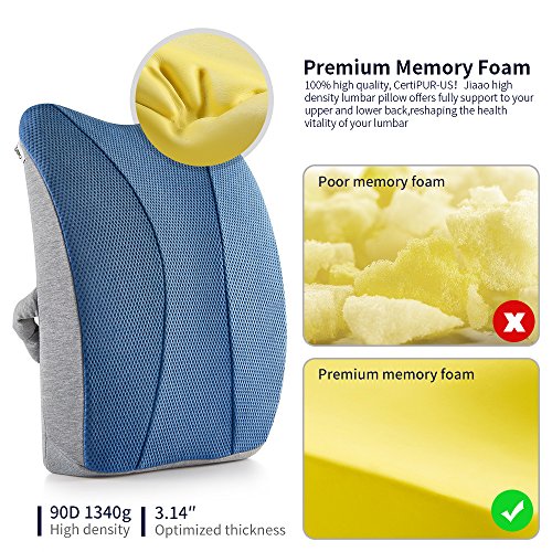 Jiaao Large Lumbar Support Memory Foam Pillow - Orthopedic Design Relieves Lower Back Pain, Back Cushion for Car & Office Chairs, Breathable Cover, Adjustable Strap (Light Blue) - Thumbnail 3