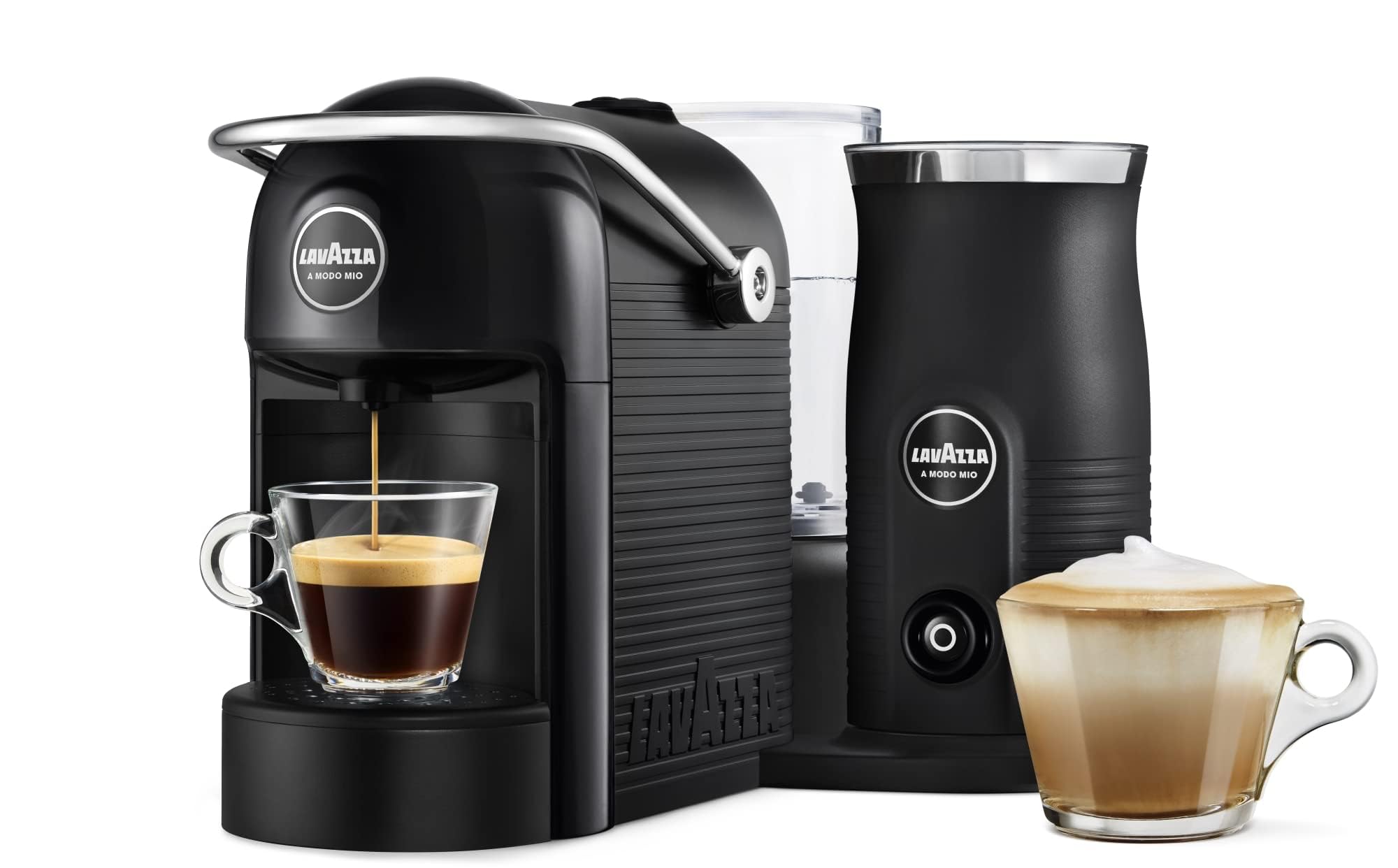 Lavazza, A Modo Mio Jolie & Milk EVO Coffee Machine Made from 33% Recycled Plastic, with Integrated Milk Frother and Removable Grid, Compatible with A Modo Mio Pods, 1250 W, 220–240 V, 50–60 Hz, Black