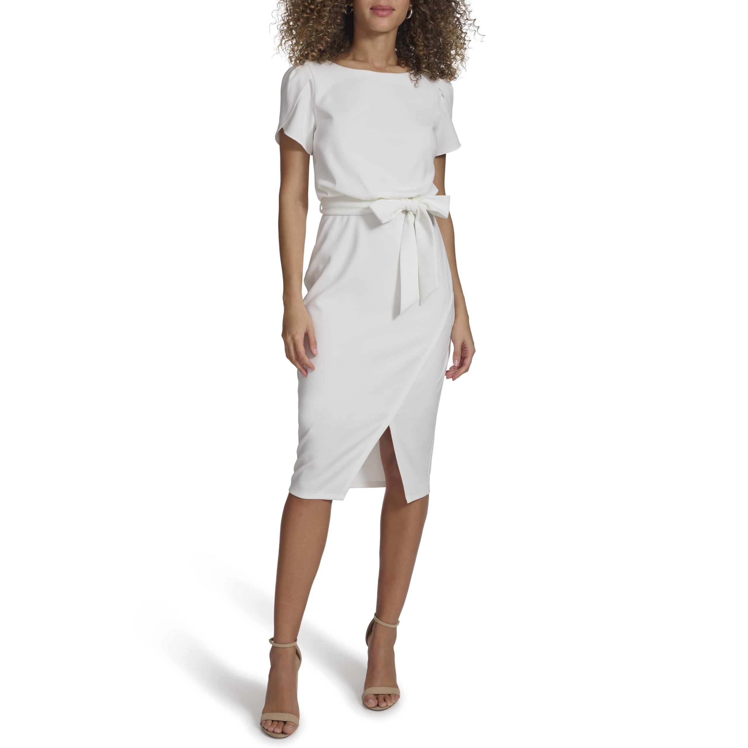 Kensie Women’s Short Sleeve Tie Waist Midi Dress, Pearl, 12