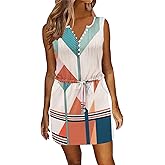 ETCYY Womens Summer Casual Dresses Sleeveless Beach Vacation Sundresses Drawstring Waist Short Striped Dress with Pockets