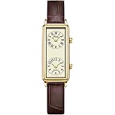 Gosasa Women’s Vintage Rectangle Watch Dual Time Zone Waterproof Ladies Quartz Analog Watch for Small Wrist with Two Dials, Roman & Arabic Numerals, Leather Strap for Travel & Business