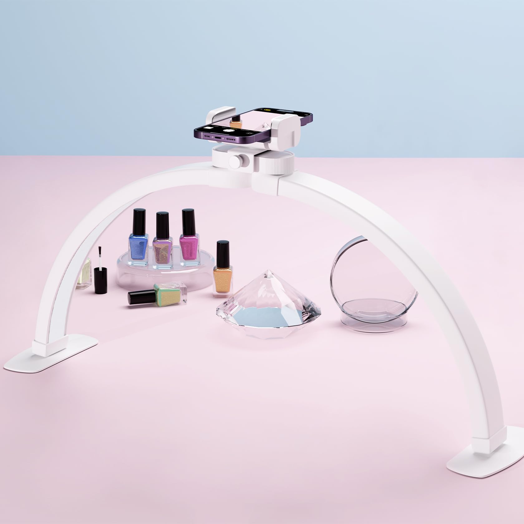 Wolliran Half Moon Light for Nail Desk 29 inch, Foldable Nail Light for Desk with Phone Holder 3000K-6000K 10 Adjustable Brightness, LED Table Lamp for Manicure, Tattoos, Eyelashes, Beauty, White