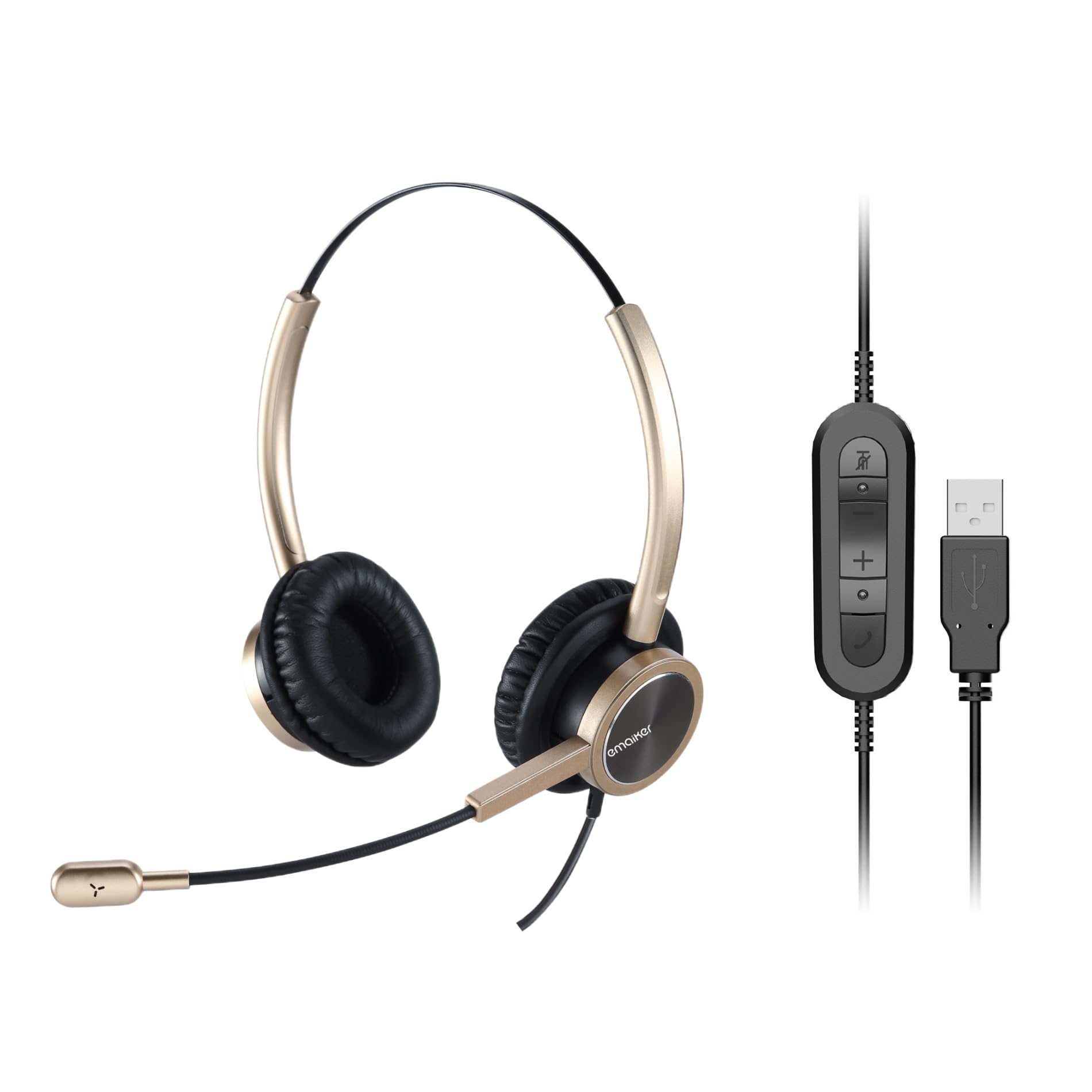 EMAIKER Gold USB Headset with Noise Cancelling Microphone for Work, Wired USB-A Headphones with Mic and Audio Control for Laptop,Works for Skype Teams Zoom Conference Call, Zoiper,Webex,Webinar